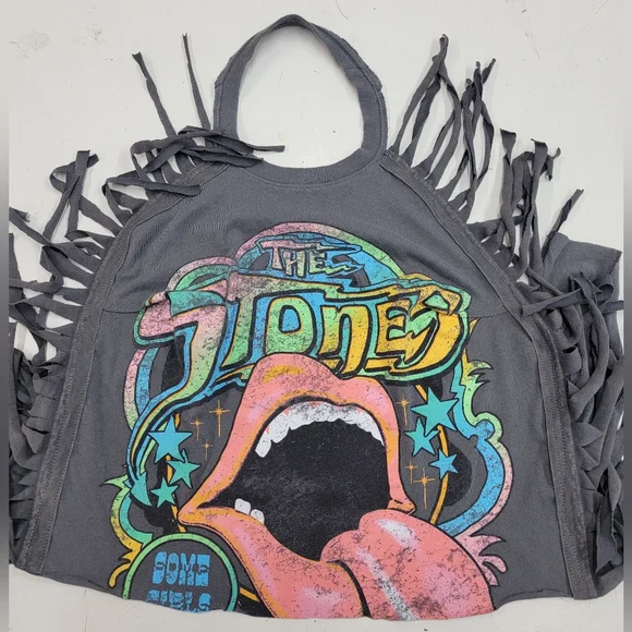 Rolling Stone Fringe Halter Top Upcycled Retro Band Merc - Picture 7 of 7